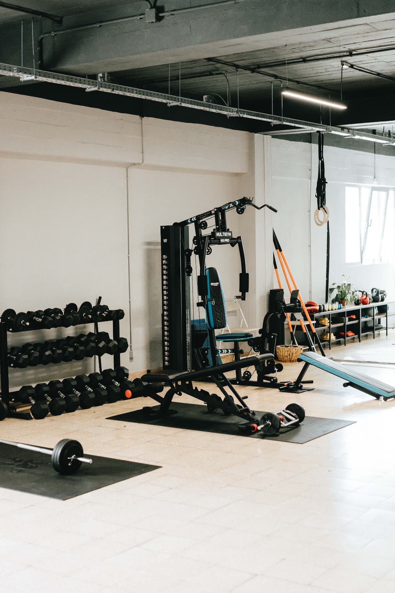Máquina multifunções e suporte de halteres no ginásio da Vibrant Health Academy