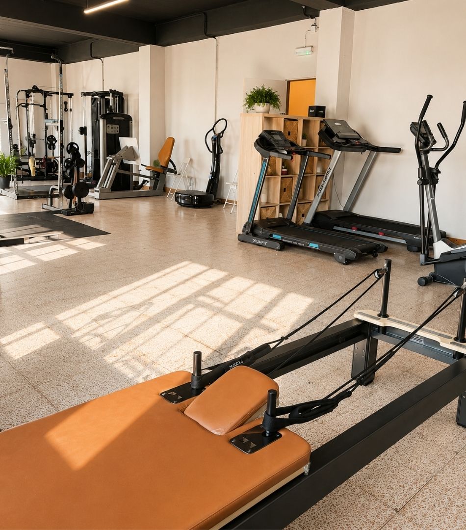 Zona de cardio com passadeiras, elíptica, leg press e reformer na Vibrant Health Academy, Lisboa